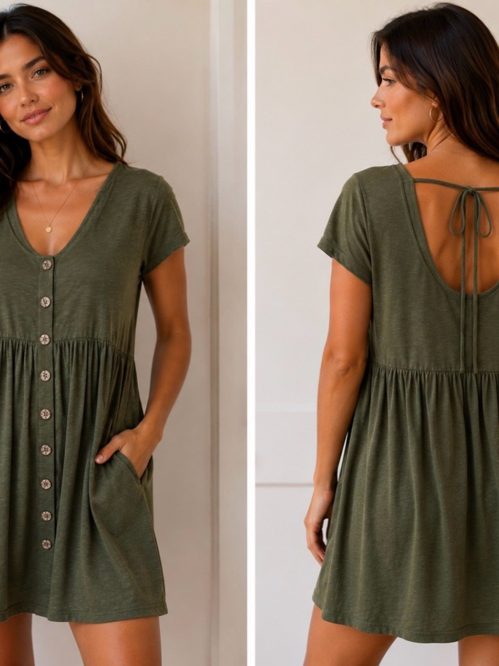 Olive Green Button-Front Babydoll Mini Dress